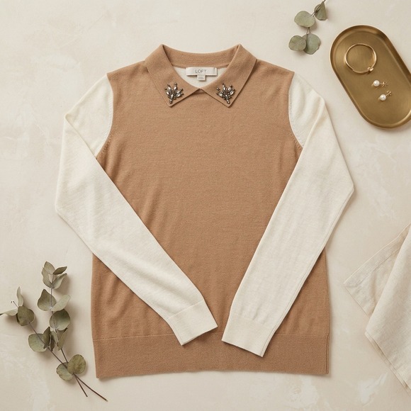 LOFT Sweaters - LOFT Womens Medium Wool Blend Beaded Collared Sweater Camel Beige Cream Jewel